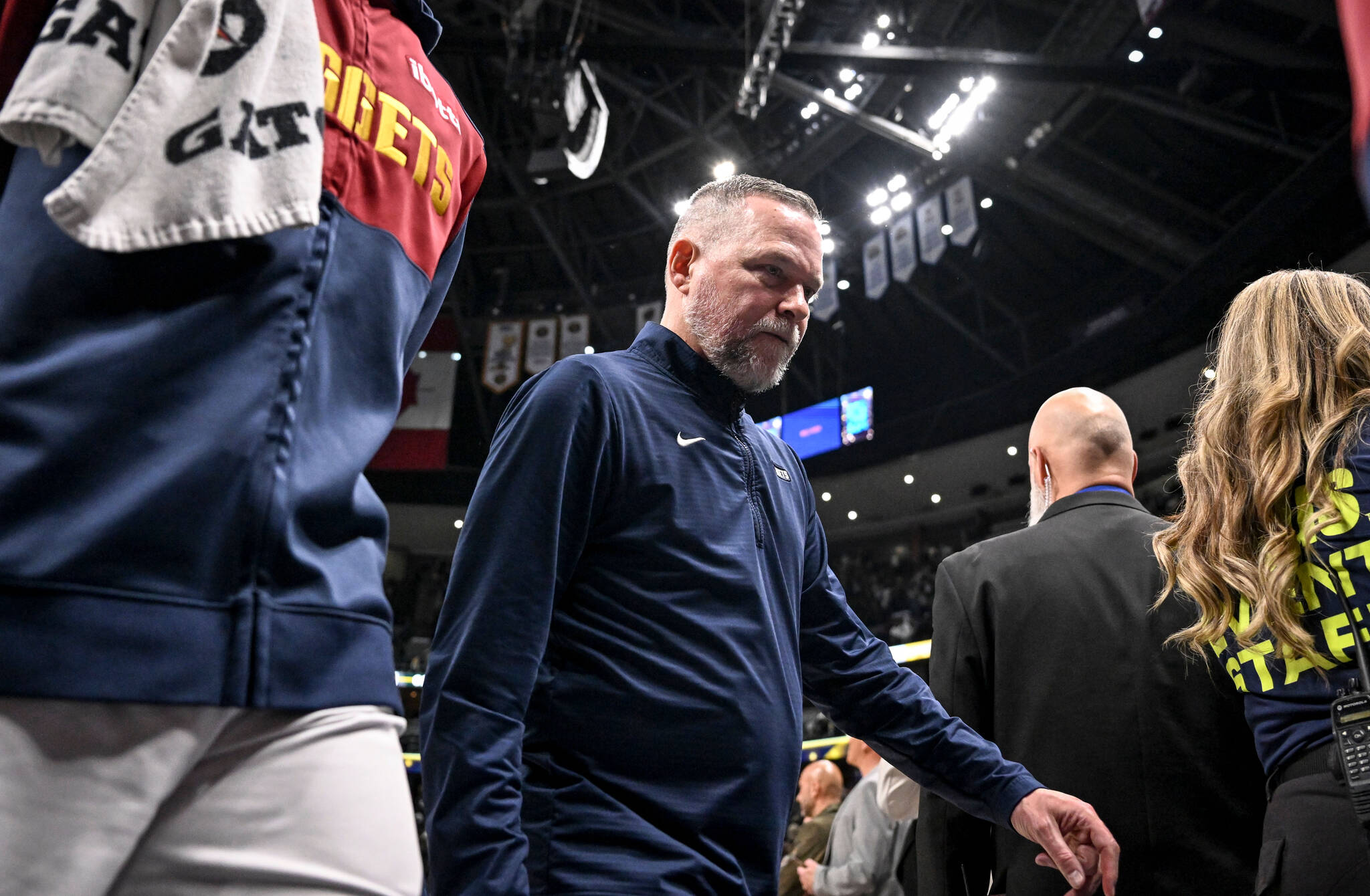 Head coach Michael Malone of the Denver Nuggets leaves the court after overtime of the Minnesota Timberwolves’ 140-139 win at Ball Arena in Denver on Tuesday, April 1, 2025. (Photo by AAron Ontiveroz / The Denver Post / Tribune News Services)