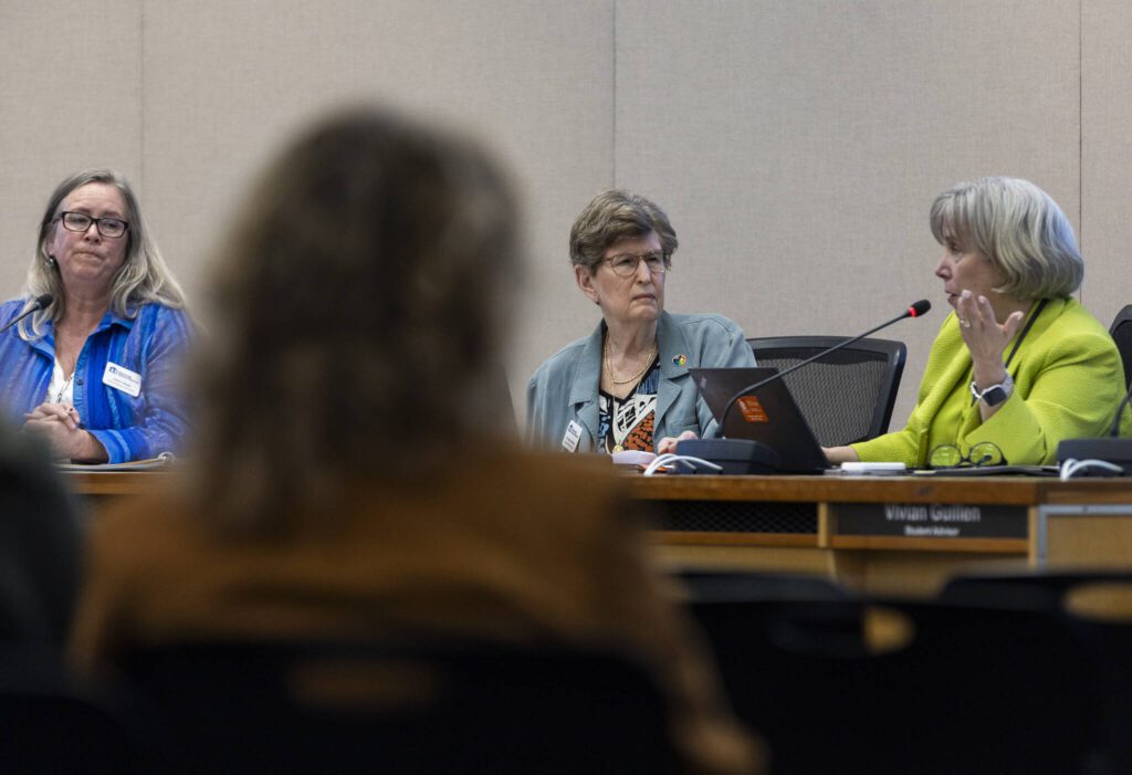 School board members listen as Edmonds School District Superintendent Dr. Rebecca Miner speaks on budget cuts at the school board meeting on Tuesday, April 15, 2025 in Edmonds, Washington. (Olivia Vanni / The Herald)
