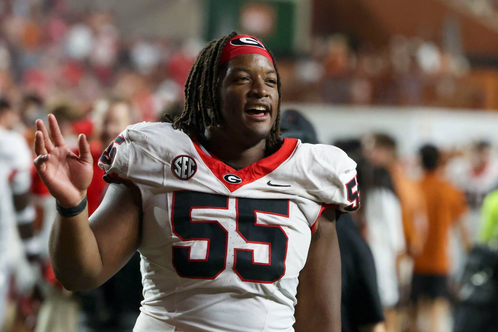 Georgia offensive lineman Jared Wilson (55) celebrates after their 30-15 win against Texas at Darrel K Royal Texas Memorial Stadium, Saturday, October 19, 2024, in Austin, Tx. (Jason Getz / AJC / Tribune News Services)