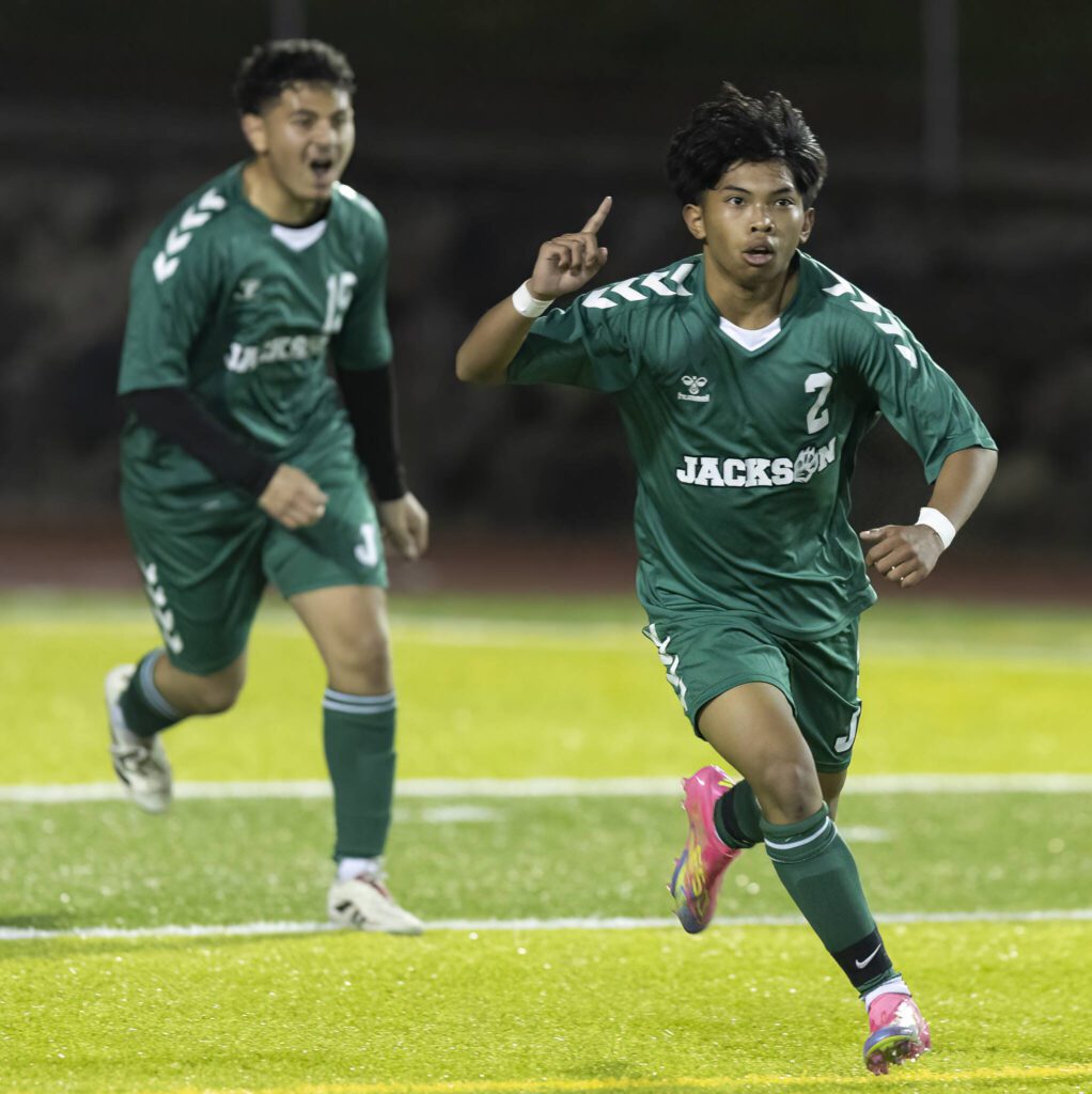 Jackson’s Isaiah Natividad celebrates scoring a goal during the game against Glacier Peak on Tuesday, April 15, 2025 in Everett, Washington. (Olivia Vanni / The Herald)
