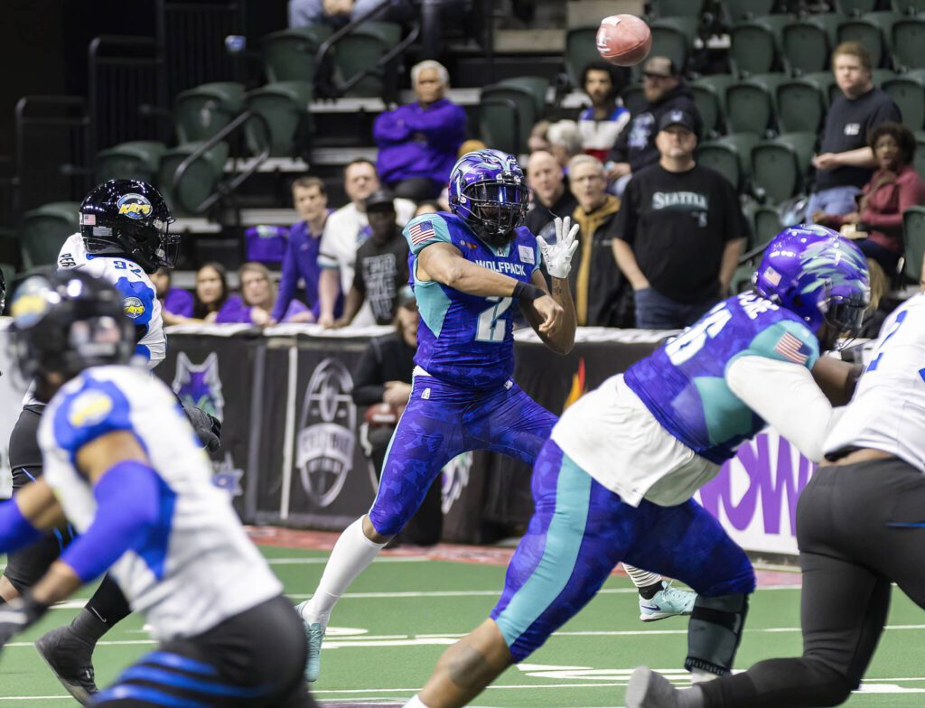 Washington Wolfpack’s Ed Crouch Jr. throws the ball during the game against the Nashville Kats on Thursday, April 17, 2025 in Everett, Washington. (Olivia Vanni / The Herald)
