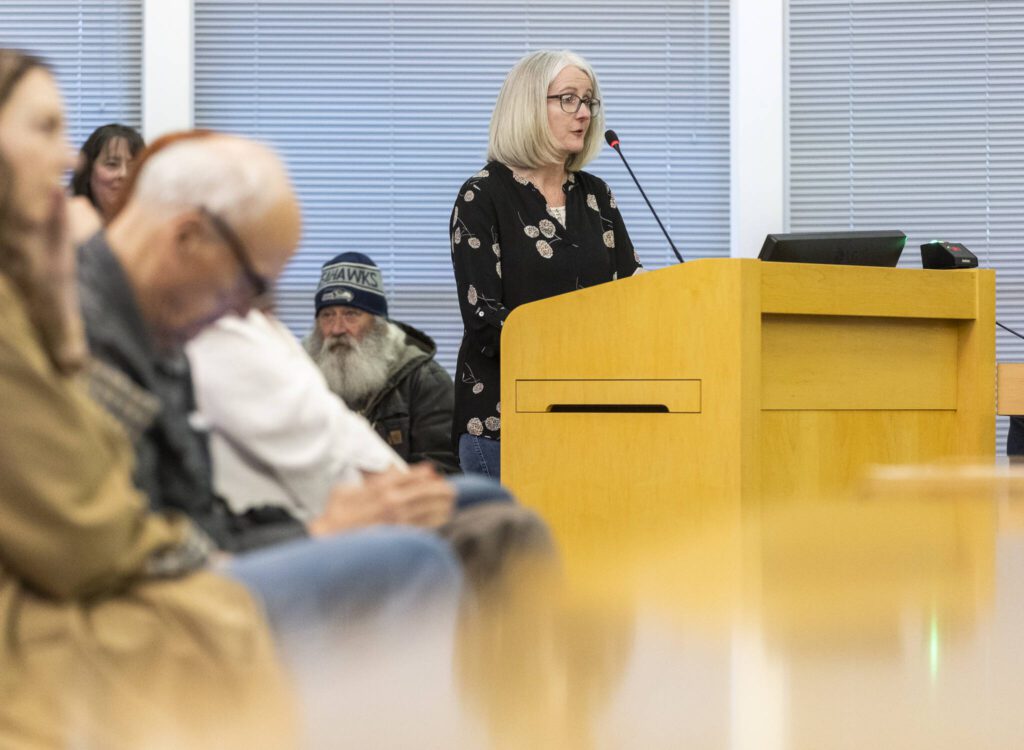 Heather Knouse, director of the preschool at the Frances Anderson Center, speaks at the city council meeting on Monday, April 21, 2025 in Edmonds, Washington. (Olivia Vanni / The Herald)
