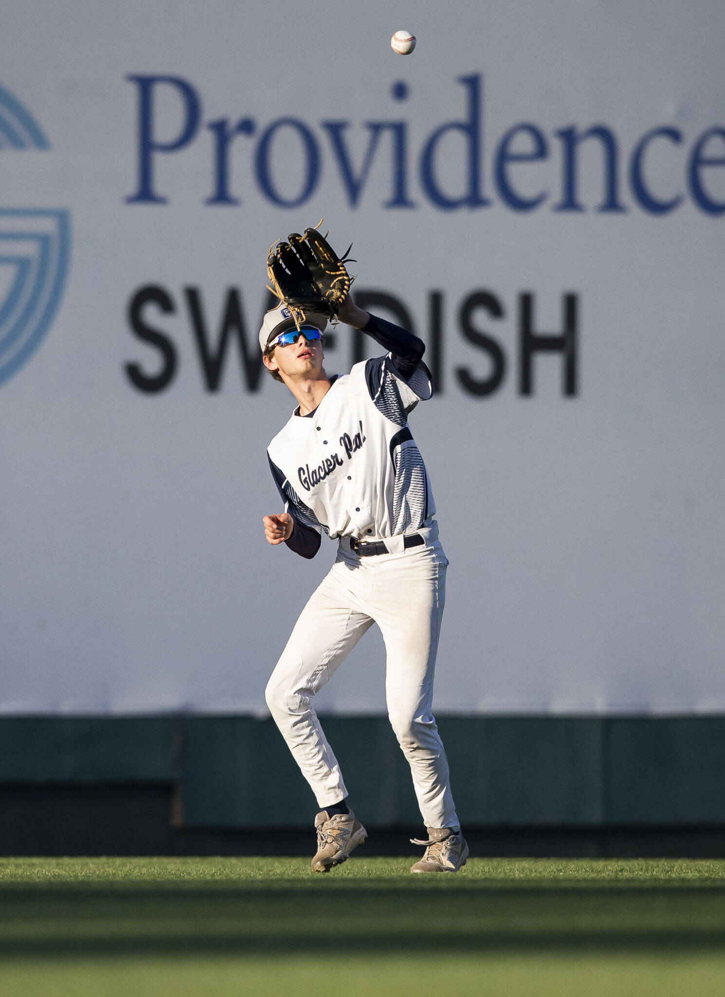 Glacier Peak’s John Grose makes a catch in the outfield during the 4A district game against Bothell at Funko Field on Thursday, May 9, 2024 in Everett, Washington. (Olivia Vanni / The Herald)