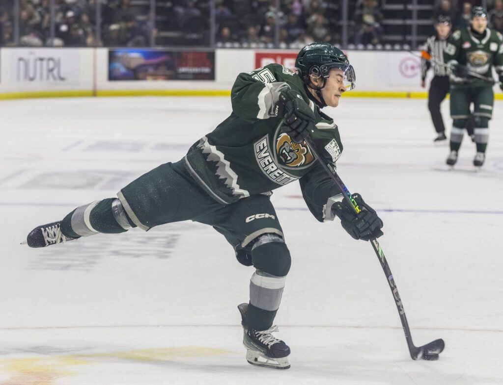 Everett Silvertips’ forward Lukas Kaplan shoots the puck during game seven of the second round of the WHL playoffs against the Portland Winterhawks on Tuesday, April 22, 2025 in Everett, Washington. (Olivia Vanni / The Herald)
