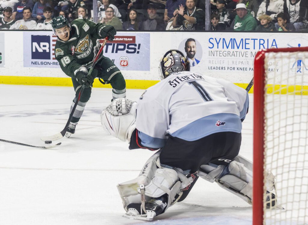 Everett Silvertips’ forward Zackary Shantz takes a shot on goal during game seven of the second round of the WHL playoffs against the Portland Winterhawks on Tuesday, April 22, 2025 in Everett, Washington. (Olivia Vanni / The Herald)
