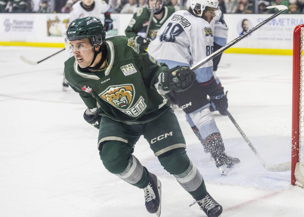 Everett Silvertips’ defenseman Landon DuPont celebrates after scoring during game seven of the second round of the WHL playoffs against the Portland Winterhawks on Tuesday, April 22, 2025 in Everett, Washington. (Olivia Vanni / The Herald)

