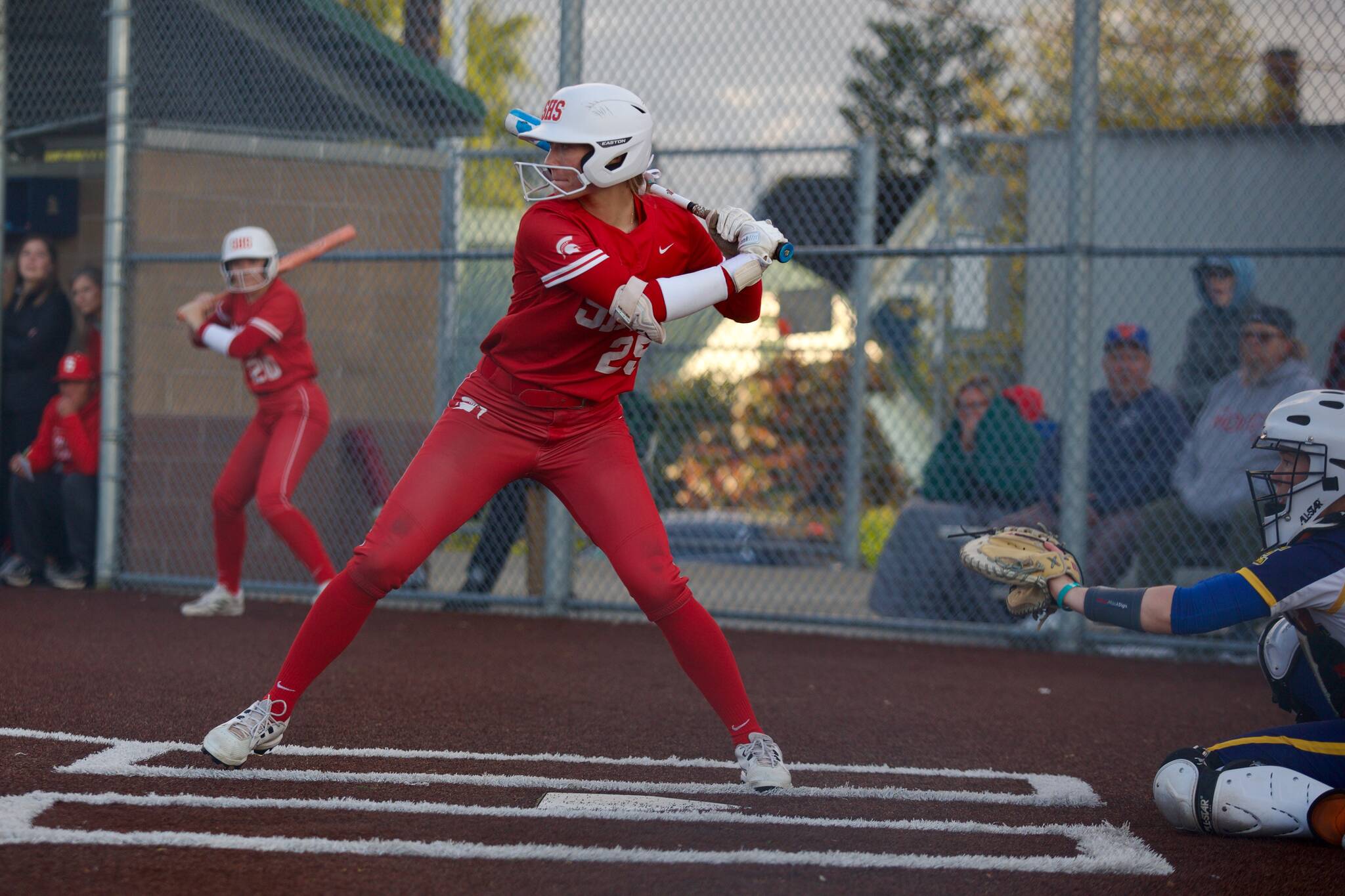 Stanwood senior Reagan Ryan prepares for the next pitch during the Spartans' 11-1 win against Everett at Lincoln Field in Everett, Washington on April 21, 2025. (Joe Pohoryles / The Herald)