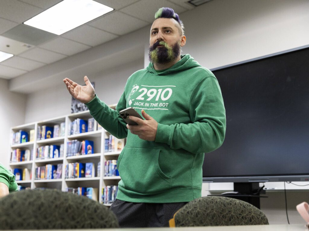 Head coach Steve Kaneb talks to his team during a celebratory meeting on Thursday, April 24, 2025 in Mill Creek, Washington. (Olivia Vanni / The Herald)
