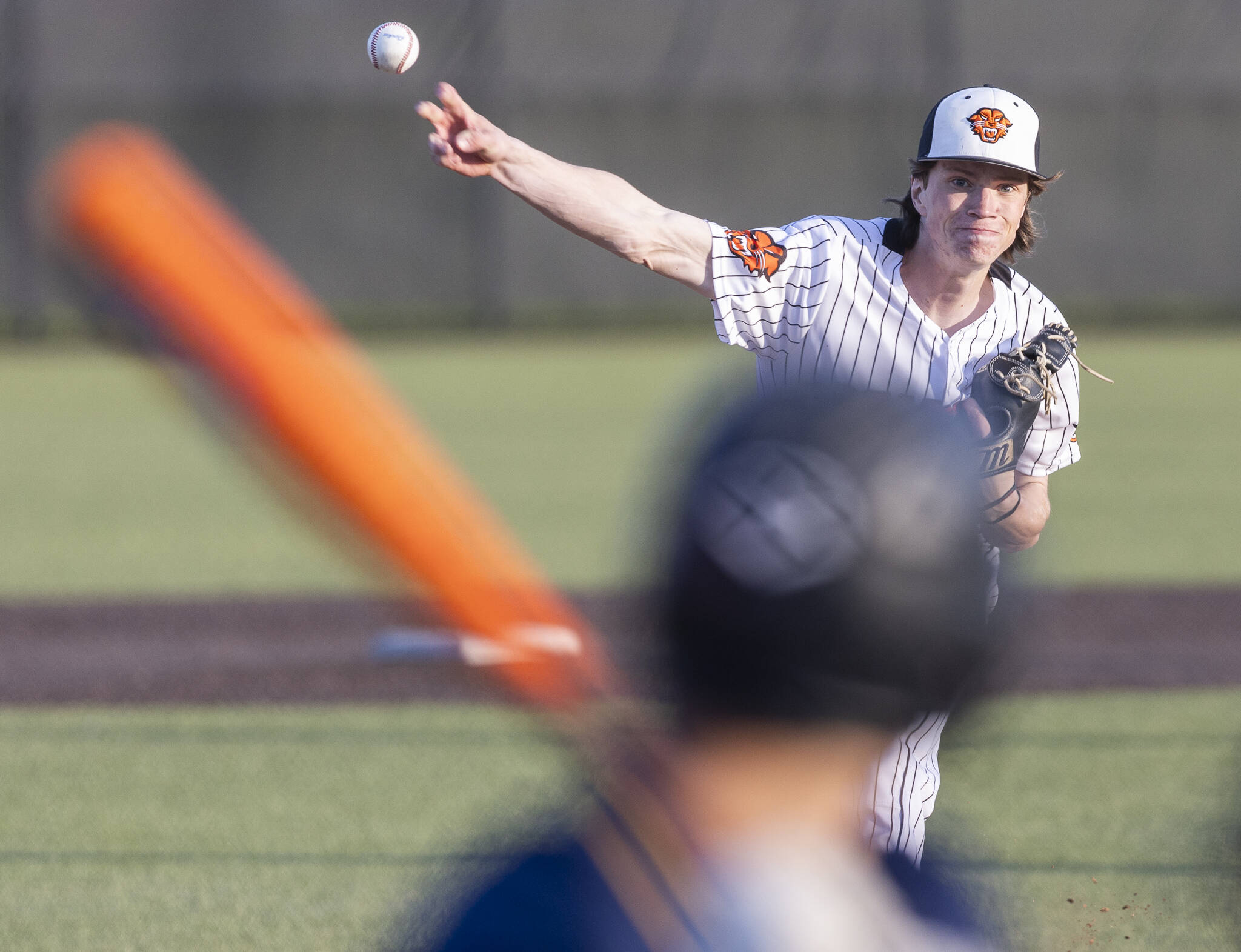 Monroe’s Caleb Campbell throws a pitch during the game against Everett on Wednesday, April 23, 2025 in Monroe, Washington. (Olivia Vanni / The Herald)