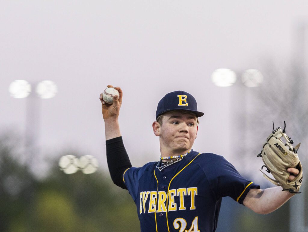 Everett’s Isaac Blackburn throws a pitch during the game against Monroe on Wednesday, April 23, 2025 in Monroe, Washington. (Olivia Vanni / The Herald)
