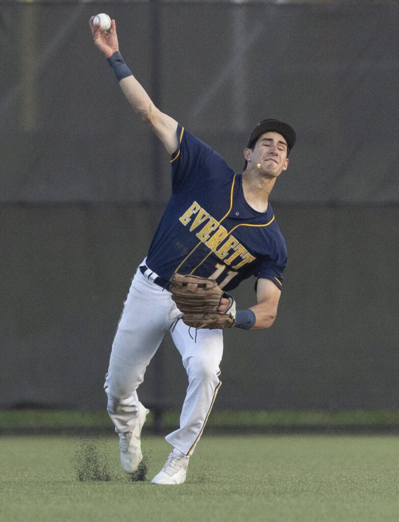 Everett’s Andreas Gutierrez throws the ball in from the outfield during the game against Monroe on Wednesday, April 23, 2025 in Monroe, Washington. (Olivia Vanni / The Herald)
