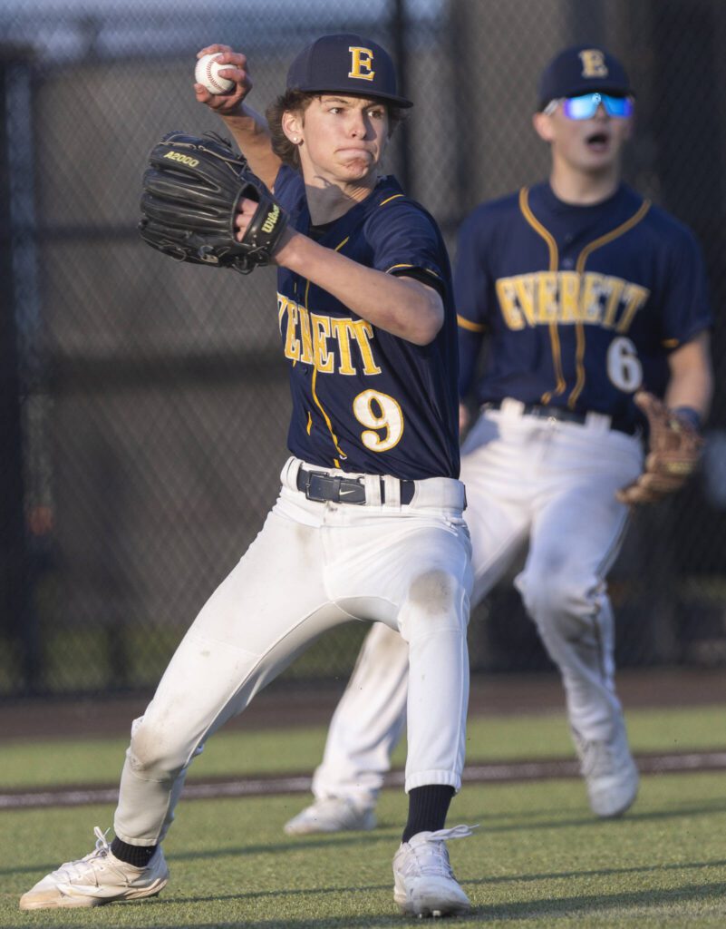 Everett’s Lincoln Stewart picks up a bunt to throw to first base during the game against Monroe on Wednesday, April 23, 2025 in Monroe, Washington. (Olivia Vanni / The Herald)
