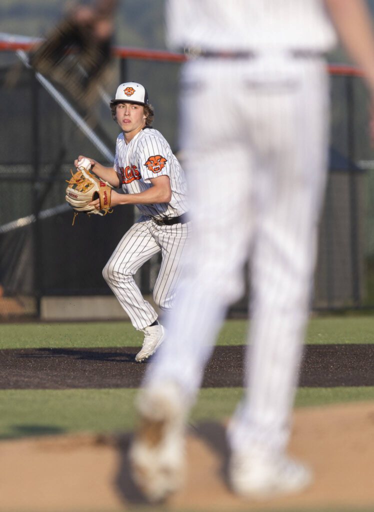 Monroe’s Braden Bingham throws the ball during the game against Everett on Wednesday, April 23, 2025 in Monroe, Washington. (Olivia Vanni / The Herald)
