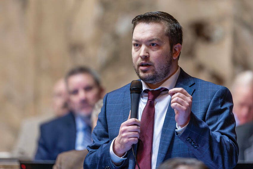 Rep. Travis Couture, R-Allyn, speaks on the House floor in an undated photo. He was among the Republicans who walked out of a House Appropriations Committee meeting this week in protest of a bill that would close a facility in Pierce County for people with intellectual and developmental disabilities. (Photo courtesy of Legislative Support Services)