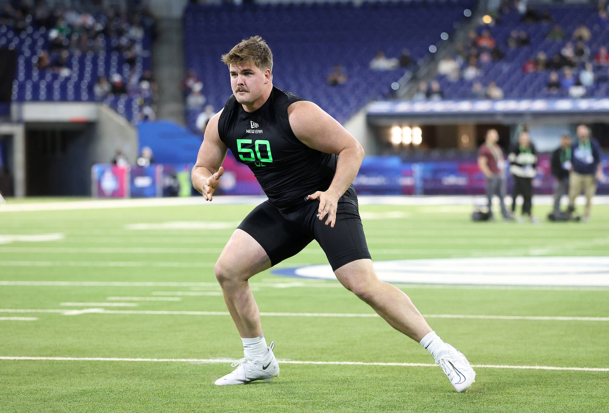 Offensive lineman Grey Zabel participates in a drill during the NFL Scouting Combine at Lucas Oil Stadium on March 2, 2025, in Indianapolis. (Stacy Revere / Getty Images / Tribune News Services)
