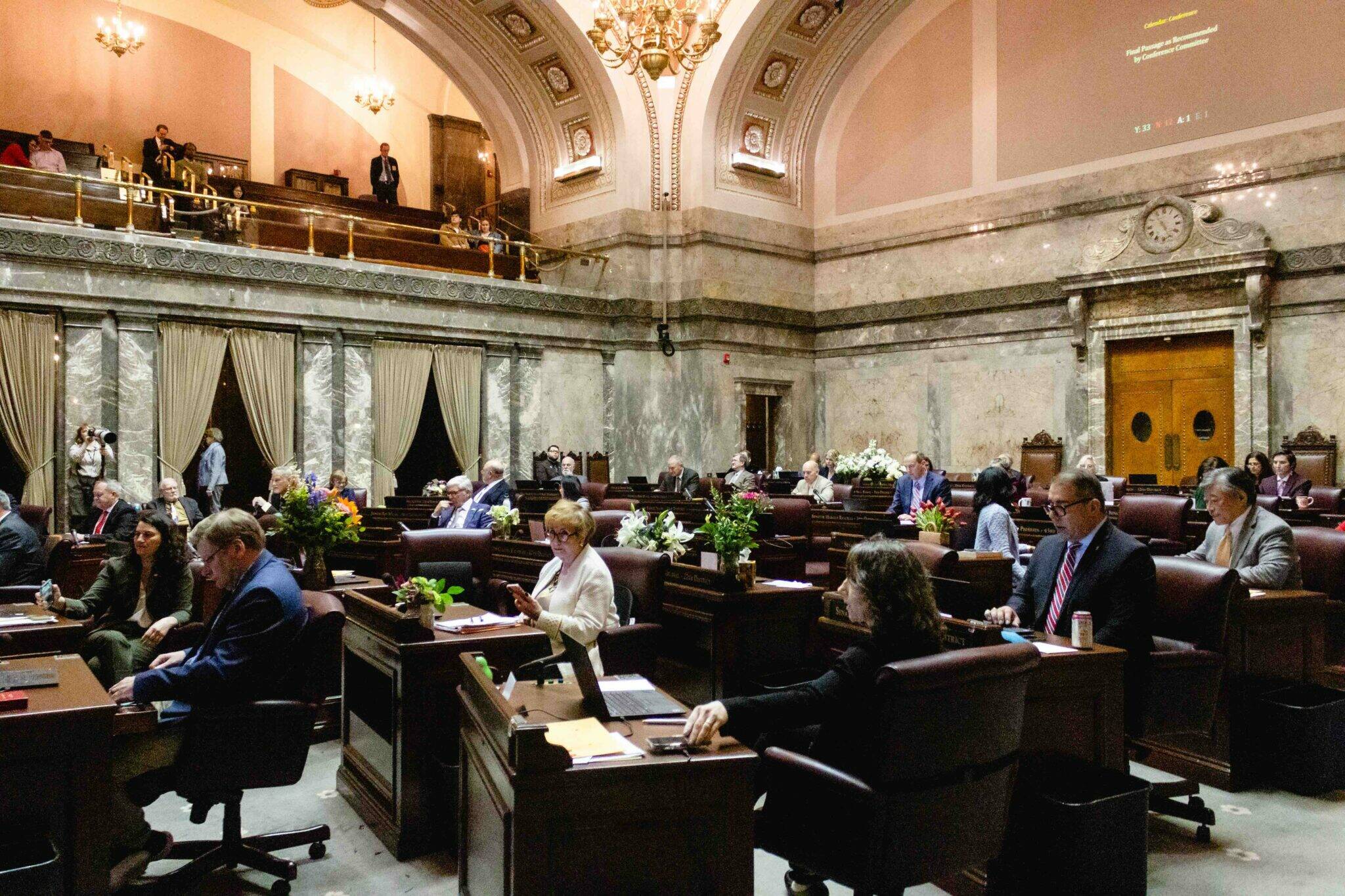 Lawmakers on the Senate floor ahead of adjourning on April 27, 2025. (Photo by Jacquelyn Jimenez Romero/Washington State Standard)