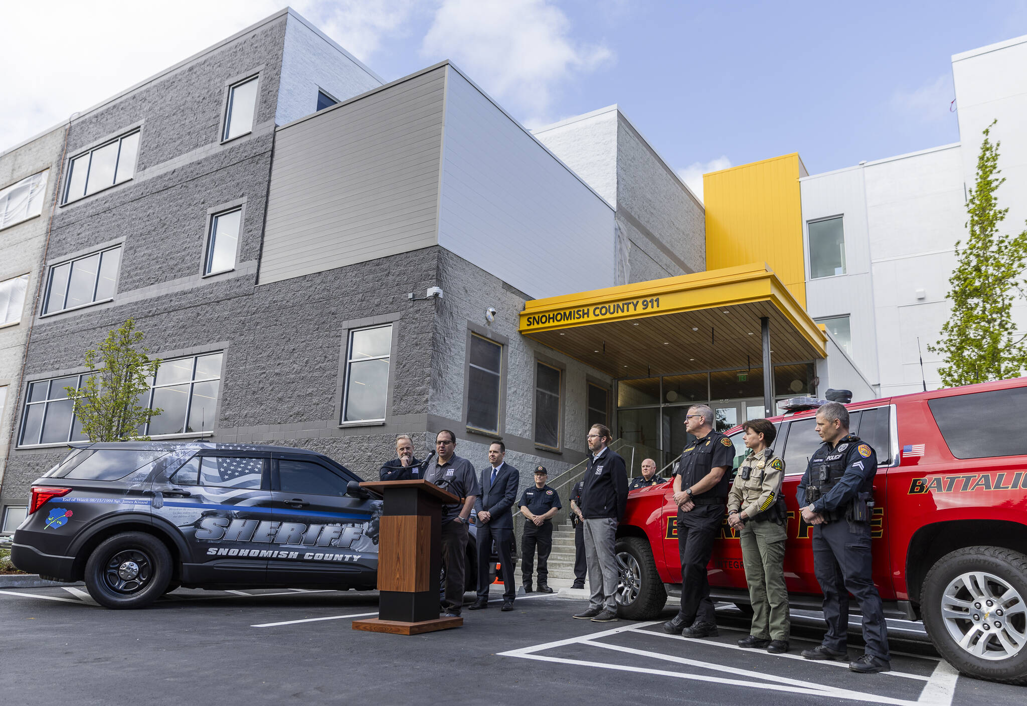 Snohomish County officials holds a press conference outside of the new Snohomish County 911 building on Wednesday, April 30, 2025 in Everett, Washington. (Olivia Vanni / The Herald)