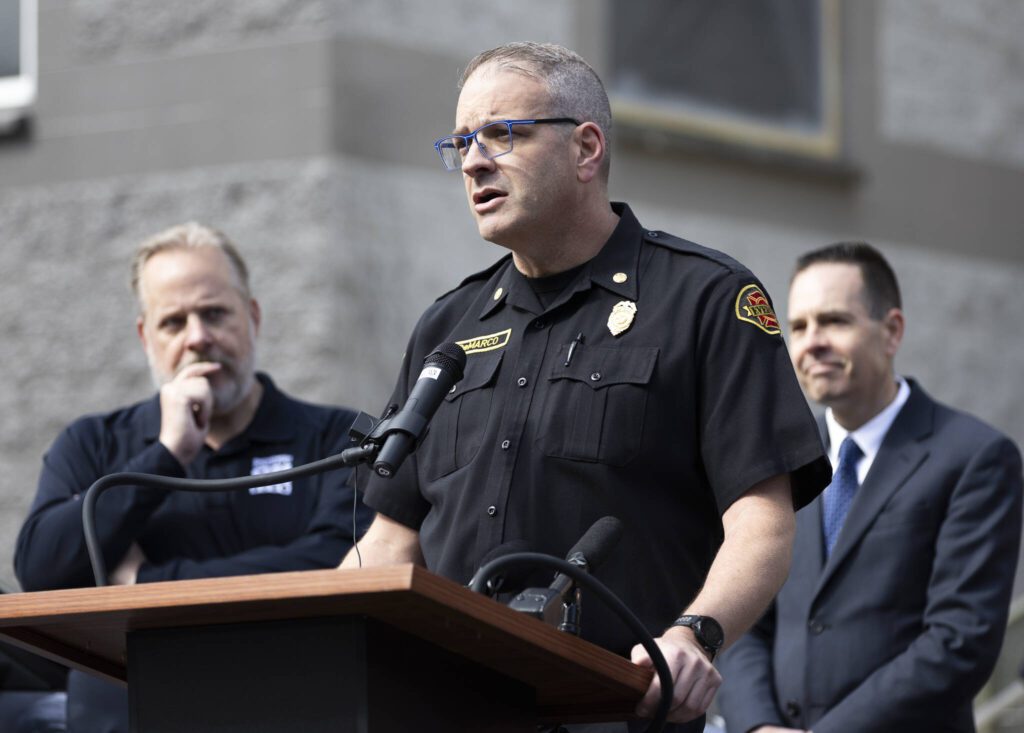 Everett Fire Chief Dave DeMarco speaks at a press conference outside of the new Snohomish County 911 building on Wednesday, April 30, 2025 in Everett, Washington. (Olivia Vanni / The Herald)
