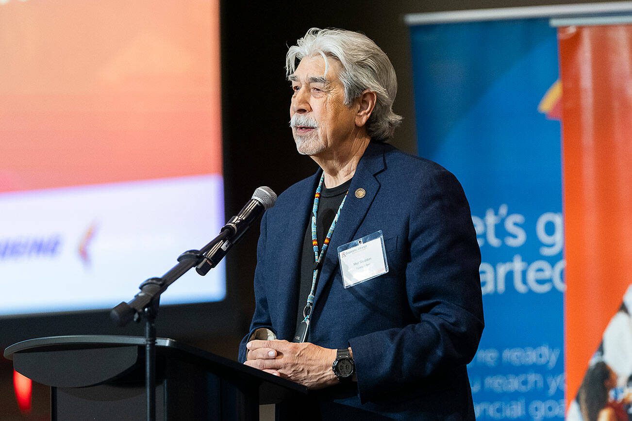 Mel Sheldon makes a speech after winning the Elson S. Floyd Award on Tuesday, April 22, 2025 in Tulalip, Washington. (Olivia Vanni / The Herald)