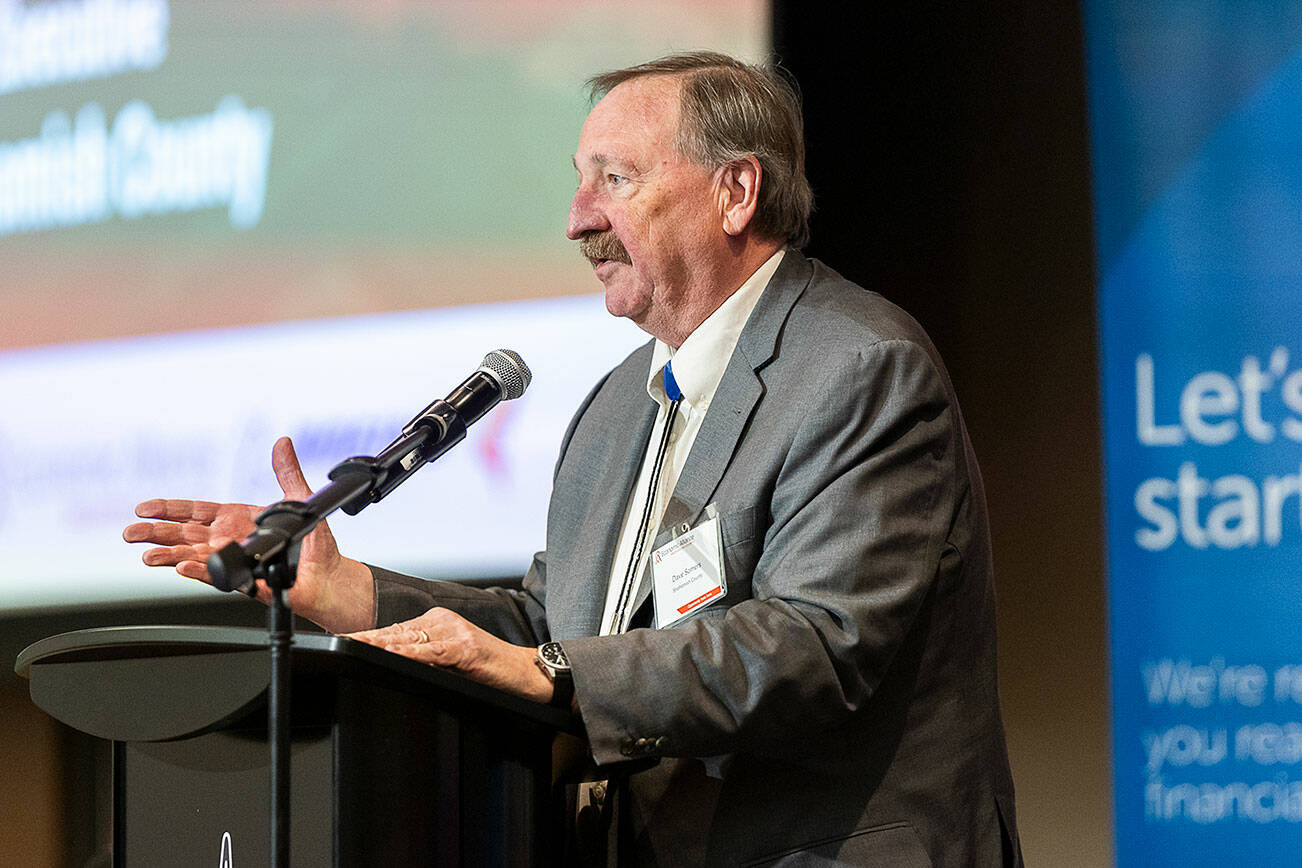 Dave Somers makes a speech after winning the Henry M. Jackson Award on Tuesday, April 22, 2025 in Tulalip, Washington. (Olivia Vanni / The Herald)