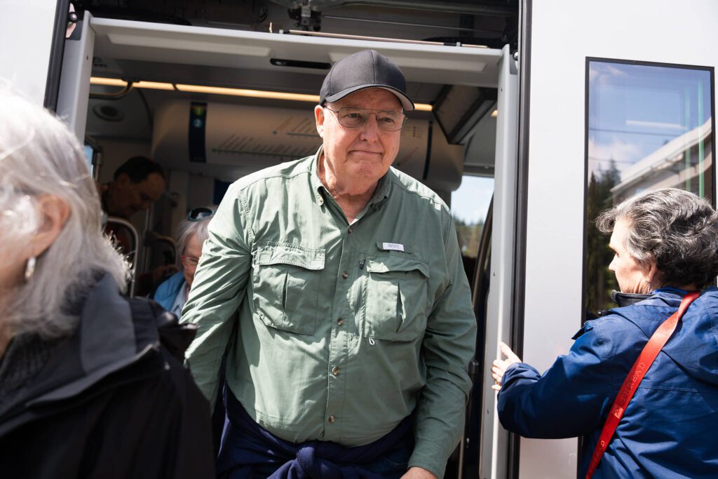 Robert Schuweller gets off of the Link light rail in Mountlake Terrace, Washington, during a workshop for seniors hosted by Community Transit on Wednesday, April 30, 2025. (Will Geschke / The Herald)
