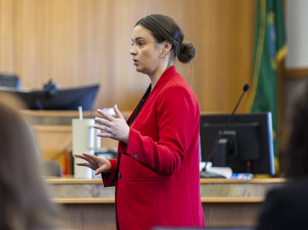 Defense attorney Piper Salvator delivers her opening statement at the start of the trial for Christian Sayre at the Snohomish County Courthouse on Monday, May 5, 2025 in Everett, Washington. (Olivia Vanni / The Herald)
