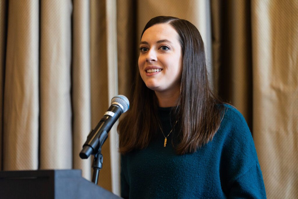 Snohomish Food Bank executive director Megan Kemmett speaks at the State of the City address on Saturday, May 3, 2025, in Snohomish, Washington. (Will Geschke / The Herald)
