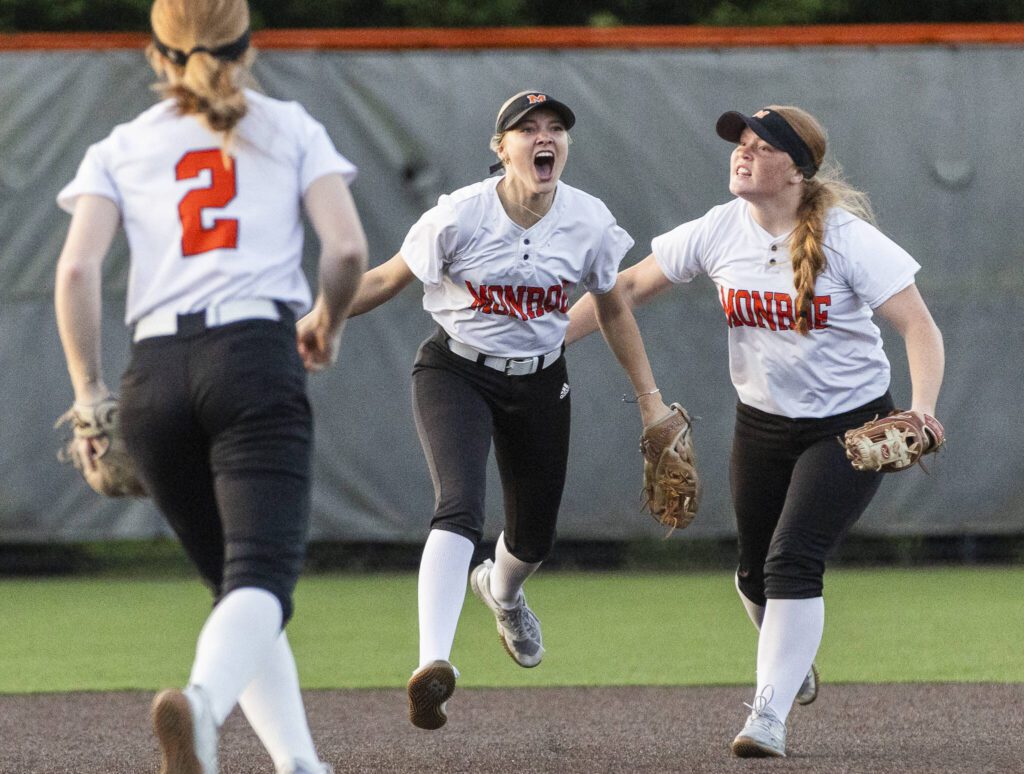 Monroe’s Izzy Webster yells after throwing the ball into home for an out during the game against Stanwood on Thursday, May 1, 2025 in Monroe, Washington. (Olivia Vanni / The Herald)
