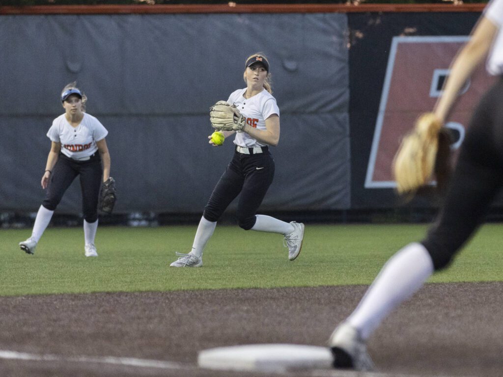 Monroe’s Hadley Oylear fields the ball during the game against Stanwood on Thursday, May 1, 2025 in Monroe, Washington. (Olivia Vanni / The Herald)
