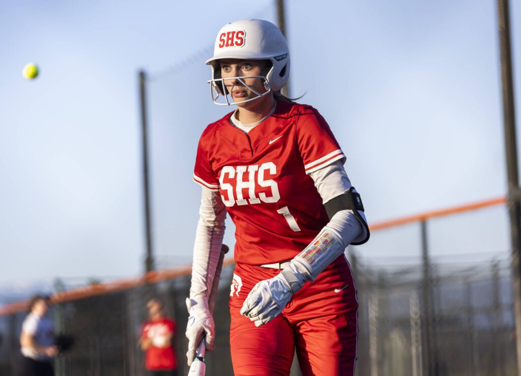 Stanwood’s Megan Stulc reacts to striking out during the game against Monroe on Thursday, May 1, 2025 in Monroe, Washington. (Olivia Vanni / The Herald)
