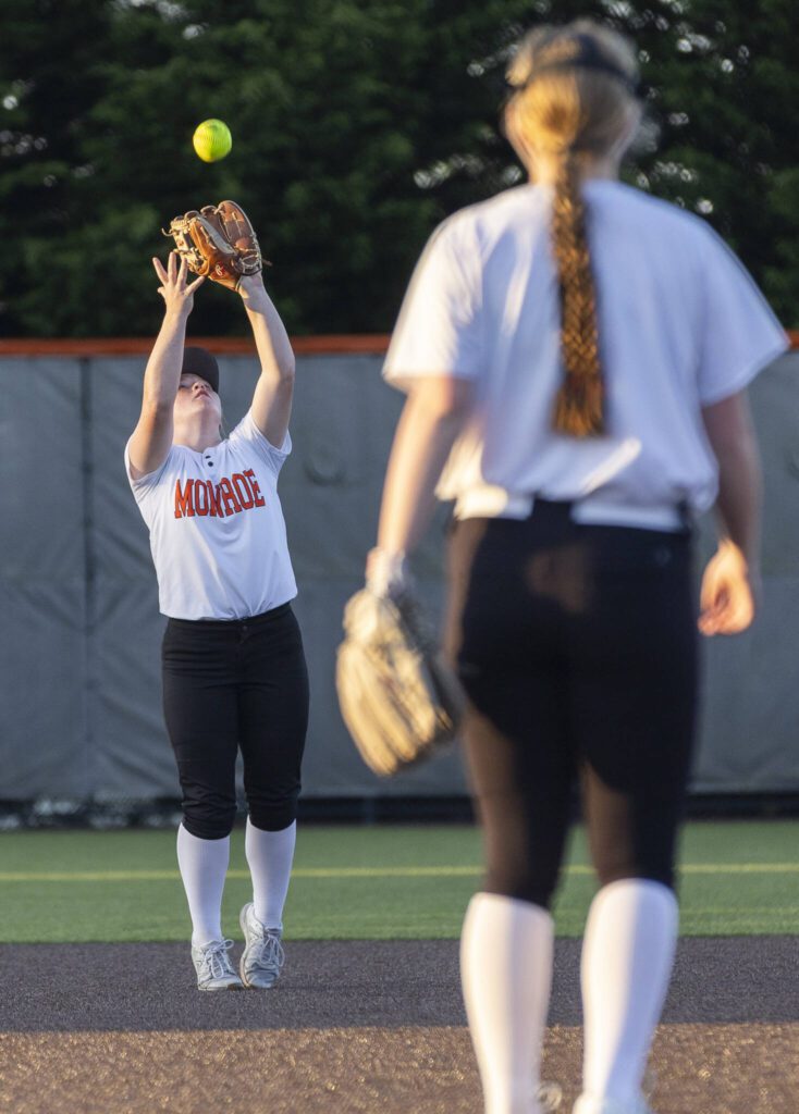 Monroe’s Tenny Oylear makes a catch for an out during the game against Stanwood on Thursday, May 1, 2025 in Monroe, Washington. (Olivia Vanni / The Herald)
