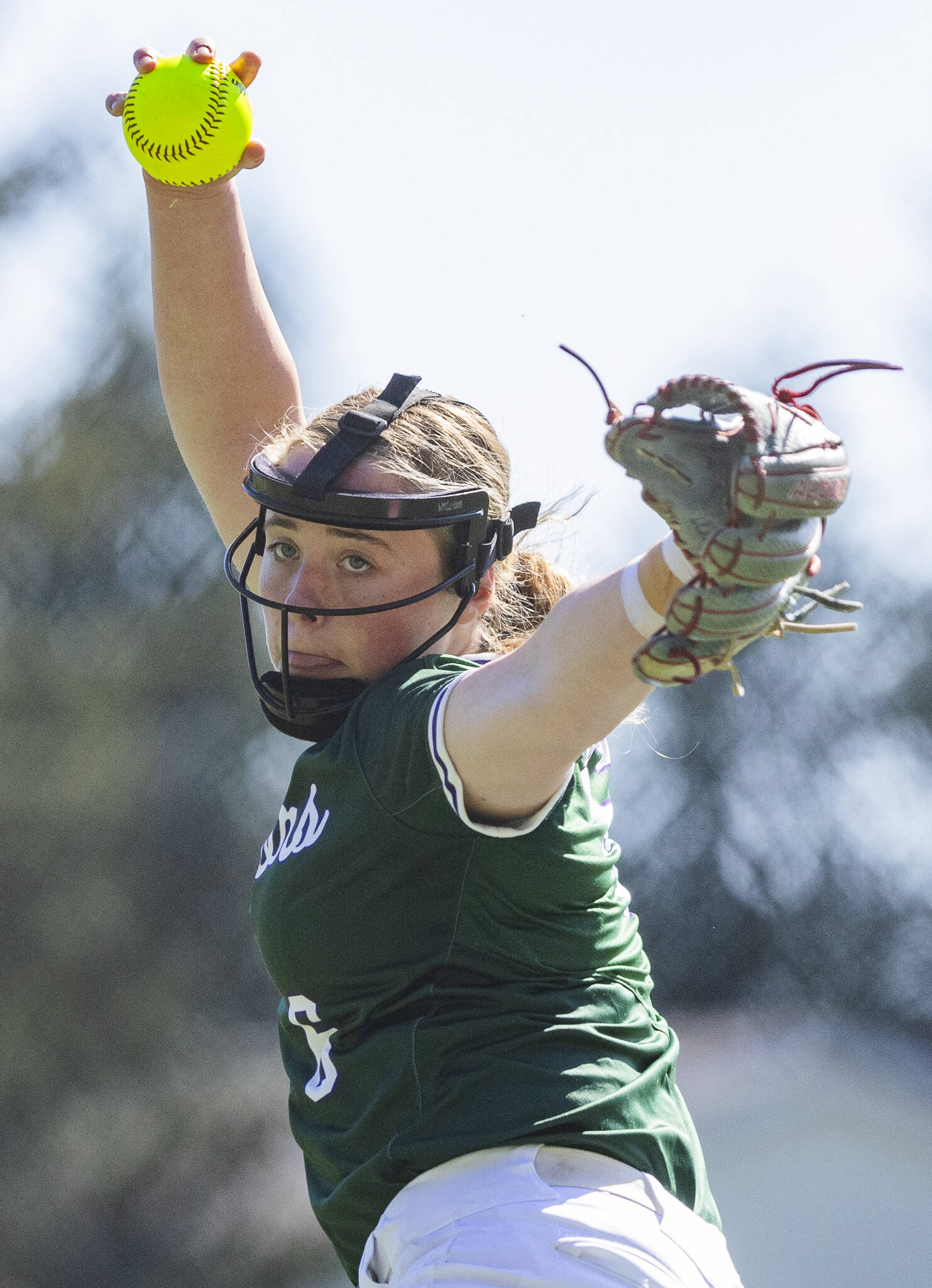 Edmonds-Woodway’s Helena Marsh throws a pitch during the game against Archbishop Murphy on Monday, May 5, 2025 in Everett, Washington. (Olivia Vanni / The Herald)