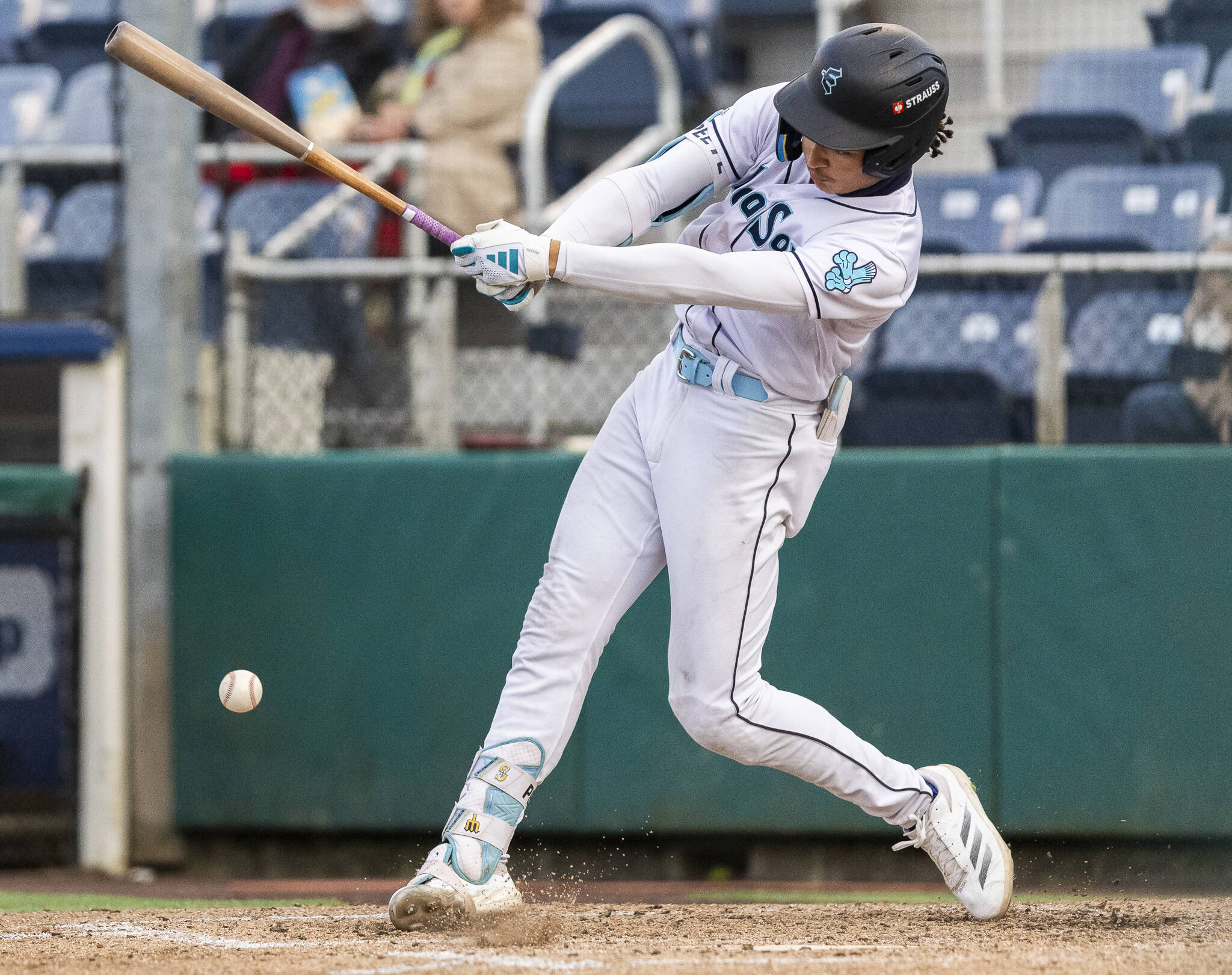 Everett AquaSox outfielder Tai Peete gets a hit during the game against the Tri-City Dust Devils on Wednesday, May 7, 2025 in Everett, Washington. (Olivia Vanni / The Herald)
