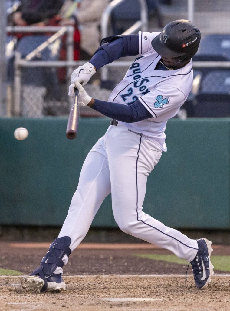 Everett AquaSox outfielder Lazaro Montes gets a hit during the game against the Tri-City Dust Devils on Wednesday, May 7, 2025 in Everett, Washington. (Olivia Vanni / The Herald)
