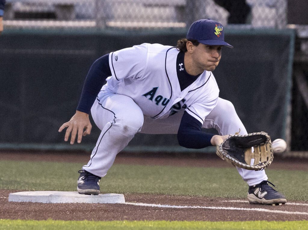 Everett AquaSox infielder Charlie Pagliarini makes a catch at first base for an out during the game against the Tri-City Dust Devils on Wednesday, May 7, 2025 in Everett, Washington. (Olivia Vanni / The Herald)
