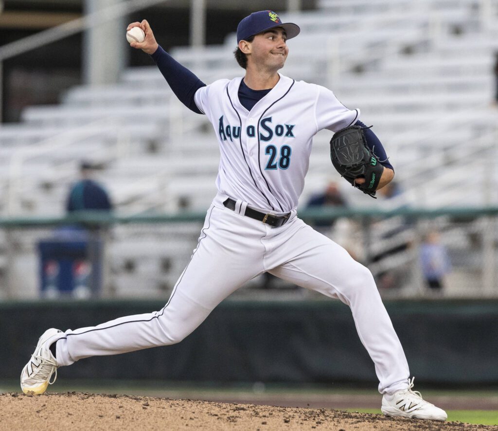 Everett AquaSox pitcher Shaddon Peavyhouse throws a pitch during the game against the Tri-City Dust Devils on Wednesday, May 7, 2025 in Everett, Washington. (Olivia Vanni / The Herald)
