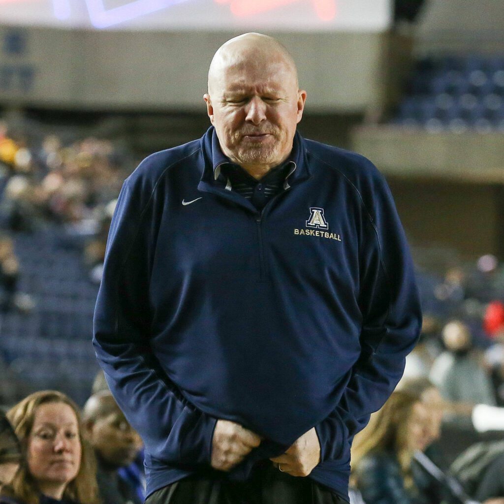 Joe Marsh, Arlington head coach, reacts to an intentional foul call in the final seconds against West Seattle at the Tacoma Dome on February 27, 2019. (Kevin Clark / The Herald)
