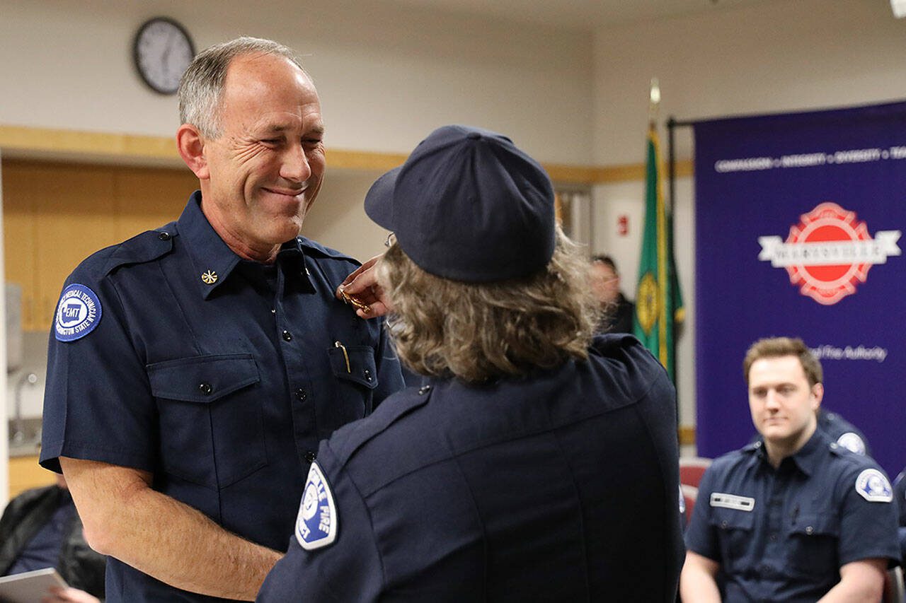 Marysville Fire District
Fire Chief Ned Vander Pol (left) being sworn in during the Marysville Fire District Board of Directors meeting on Wednesday, February 15, 2023 in Marysville, Washington.