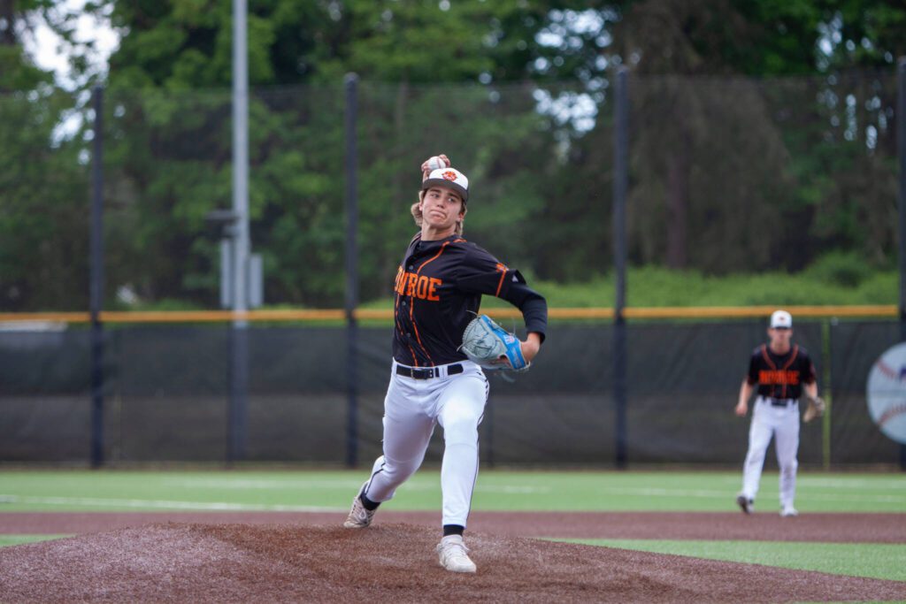 Monroe’s AJ Welch pitches against Edmonds-Woodway during a district playoff game on May 10, 2025 at Edmonds-Woodway High School. (Qasim Ali / The Herald)
