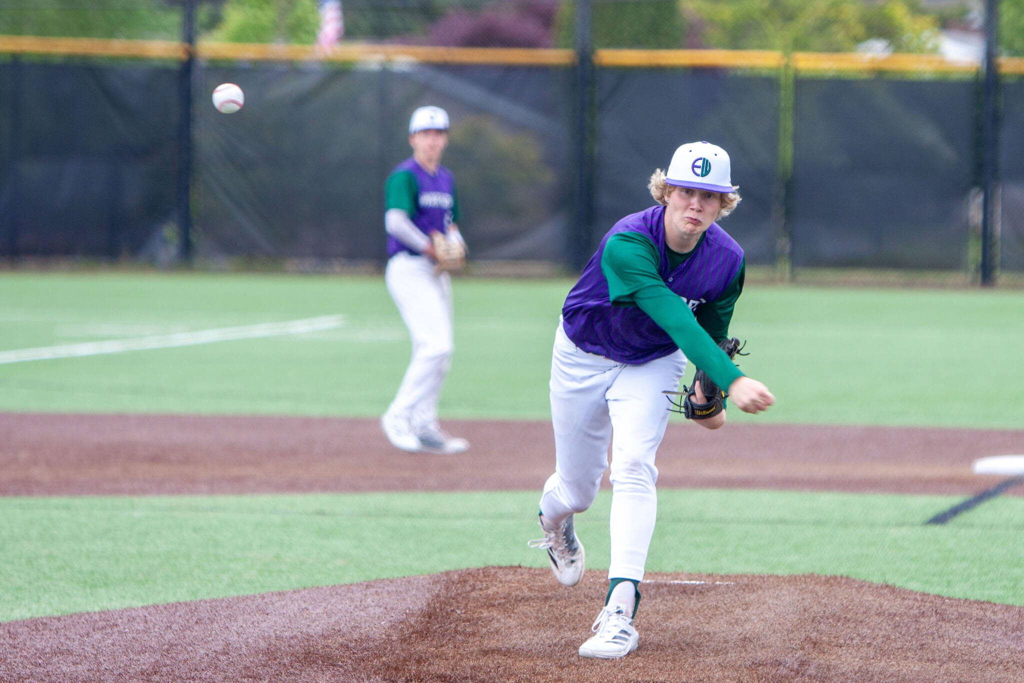 Edmonds-Woodway pitcher Lukas Wanke delivers a pitch during a district baseball playoff game against Monroe on May 10, 2025 at Edmonds-Woodway High School. (Qasim Ali / The Herald)