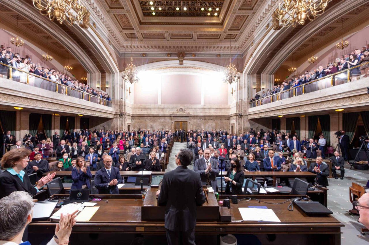 The state Legislature convenes for a joint session for a swearing-in ceremony of statewide elected officials and Gov. Bob Ferguson’s inaugural address, March 15. (Washington State Standard)