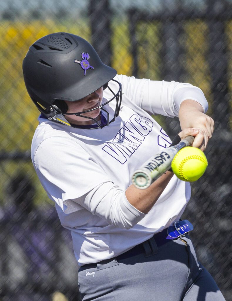 Lake Stevens’ Alexis Osterholtz gets a hit during the game against Juanita on Monday, May 12, 2025 in Everett, Washington. (Olivia Vanni / The Herald)
