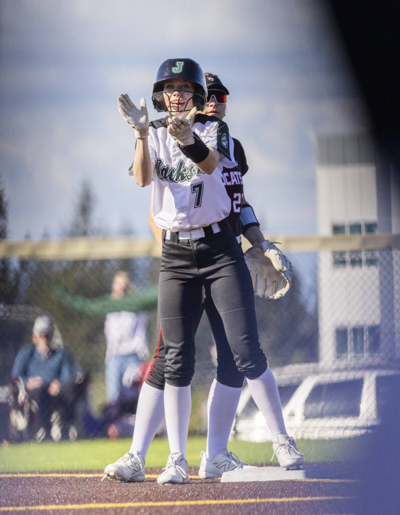 Jackson’s Clara Stone claps in celebration during the game on Monday, May 12, 2025 in Everett, Washington. (Olivia Vanni / The Herald)
