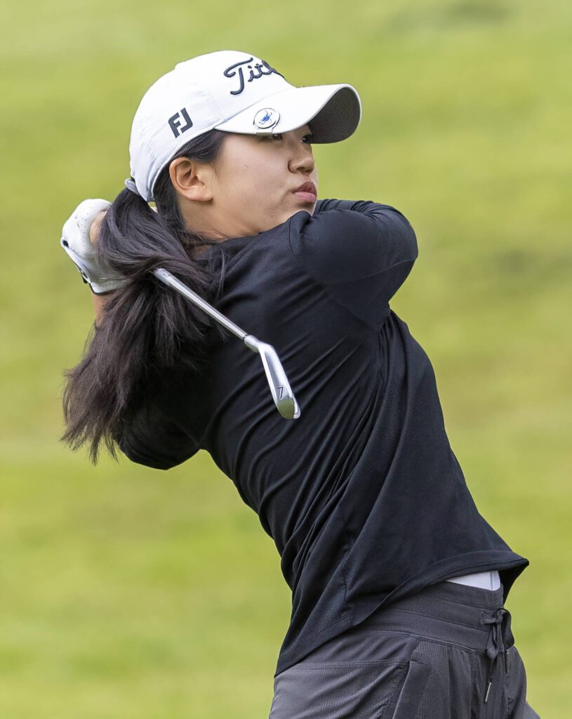 Jackson’s Chanyoung Park uses an iron from the tee box during the 4A District 1 Golf Tournament at Snohomish Golf Course on Wednesday, May 14, 2025 in Snohomish, Washington. (Olivia Vanni / The Herald)
