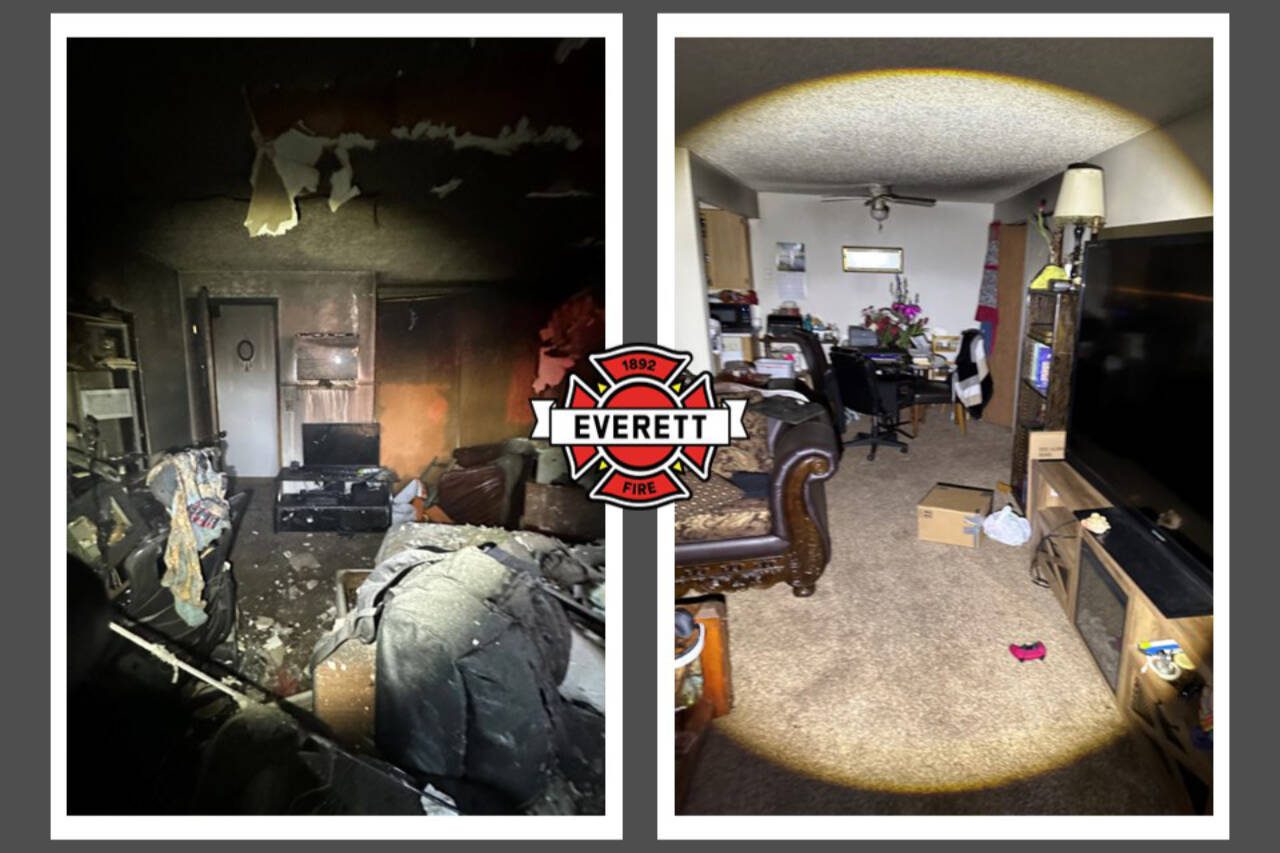 Photos show how a fire damaged a bedroom Thursday, May 15, 2025, in Everett, Washington, while leaving the rest of the apartment untouched — all thanks to a closed bedroom door. (Everett Fire Department)