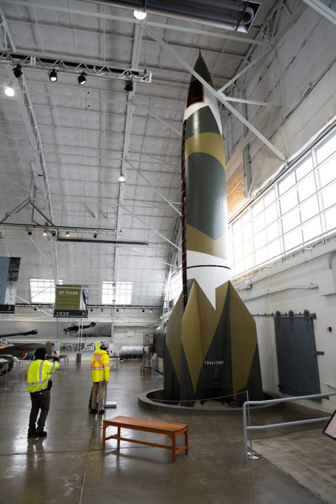Visitors look at a historic V-2 rocket during Paine Field Community Day on Saturday, May 17, 2025, in Everett, Washington. (Will Geschke / The Herald)
