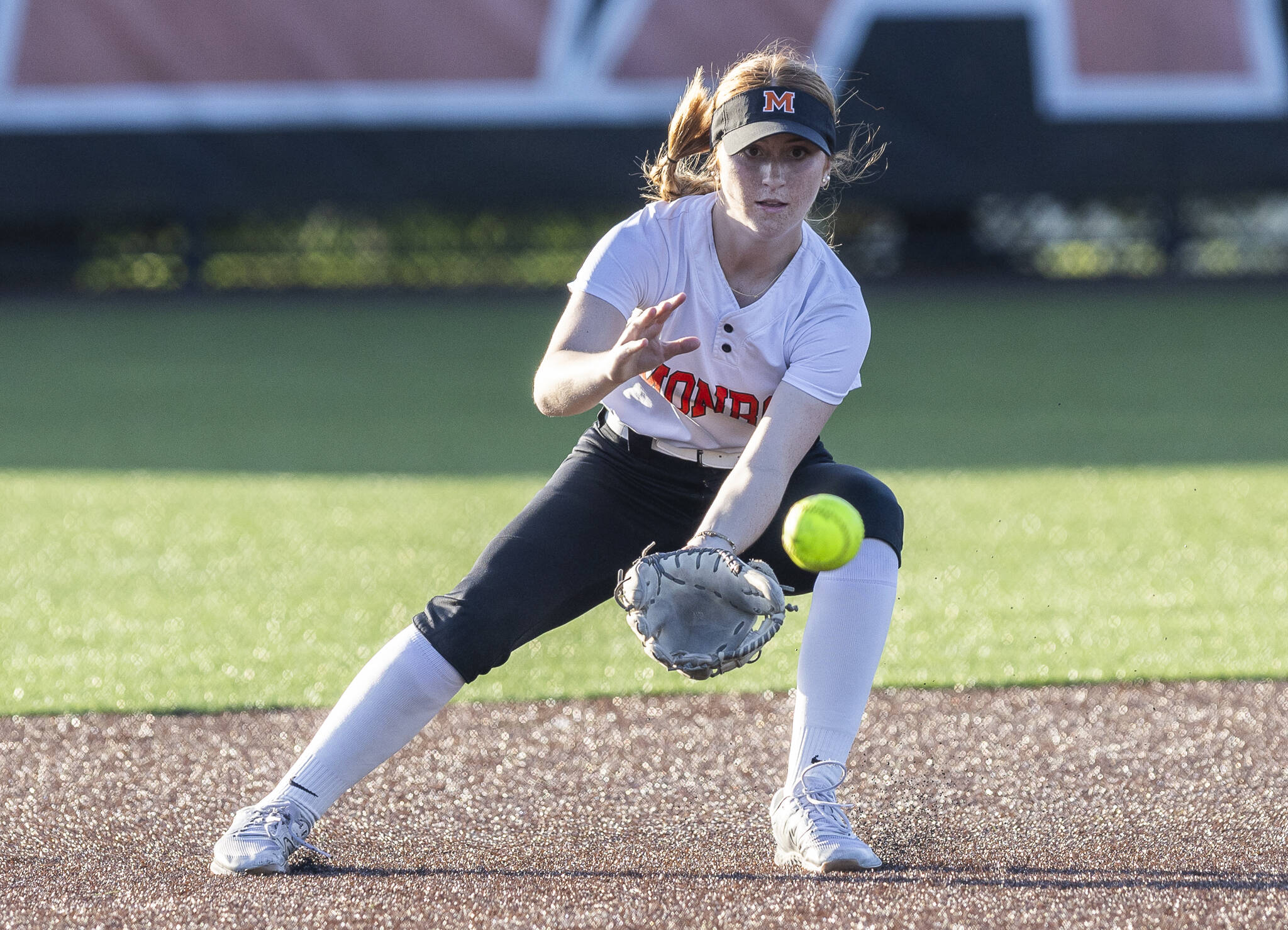 Monroe’s Hadley Oylear fields the ball during the game against Stanwood on Thursday, May 1, 2025 in Monroe, Washington. (Olivia Vanni / The Herald)