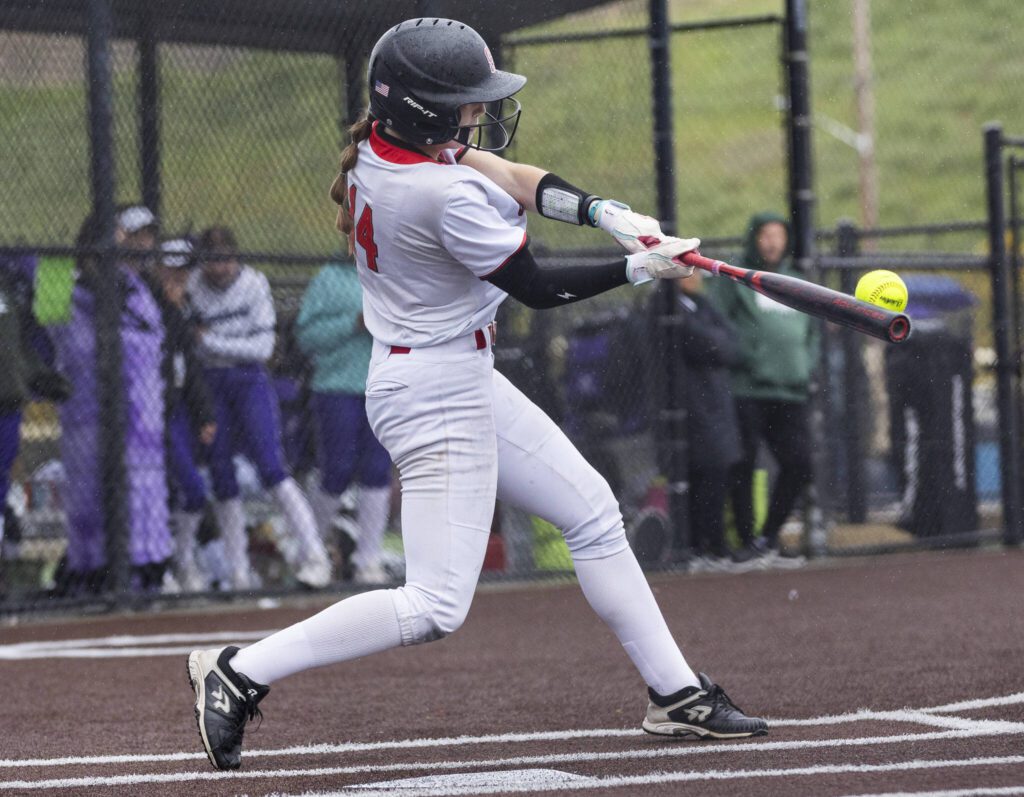 Snohomish’s Madalynn Larsen gets a hit during the 3A District 1 consolation game against Edmonds-Woodway on Thursday, May 15, 2025 in Snohomish, Washington. (Olivia Vanni / The Herald)
