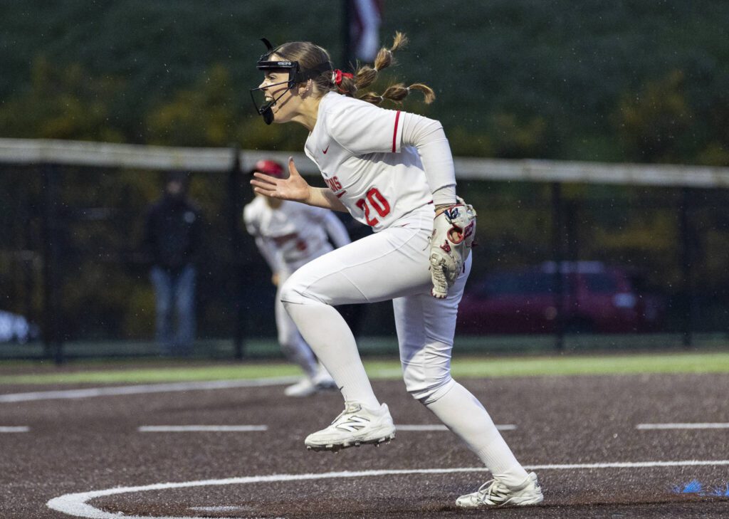 Stanwood’s Addi Anderson reacts to getting a strike out during the 3A District 1 championship game against Sedro-Woolley on Thursday, May 15, 2025 in Everett, Washington. (Olivia Vanni / The Herald)
