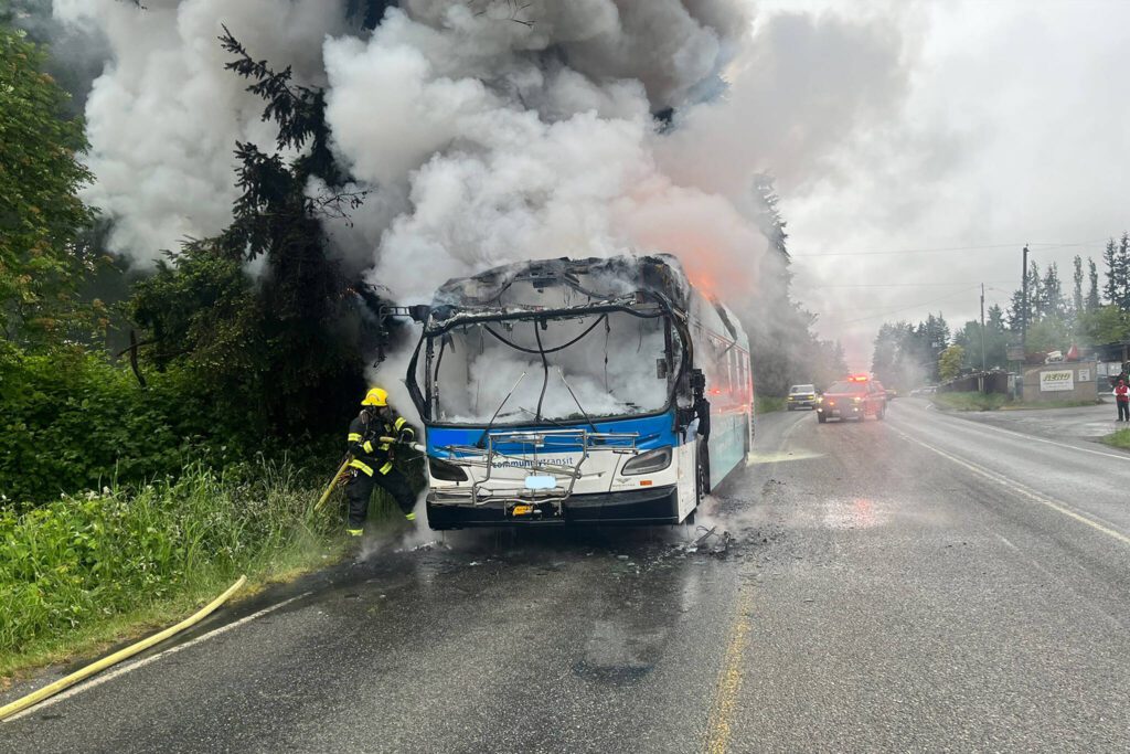 First responders extinguish a fire on a Community Transit bus on Friday, May 16, 2025 in Snohomish, Washington (Snohomish County Fire District 4)
